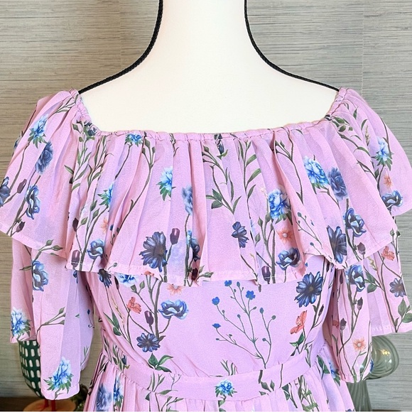 Etik@ Purple Floral Dress Mini Pleated Off-the-shoulder Woman’s Size Medium - Picture 2 of 7